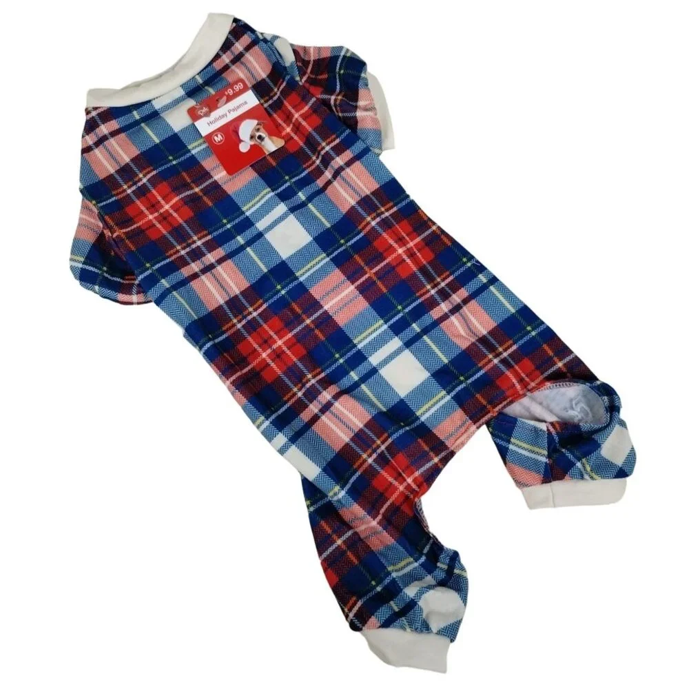 Pet Central Dog Medium 14 inch Holiday Pajamas Blue and White Plaid